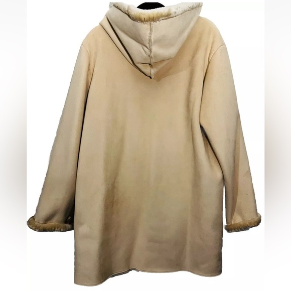 Jones New York Reversible Coat S Hood Faux Fur/Suede Beige Pockets Button Down - Picture 3 of 9